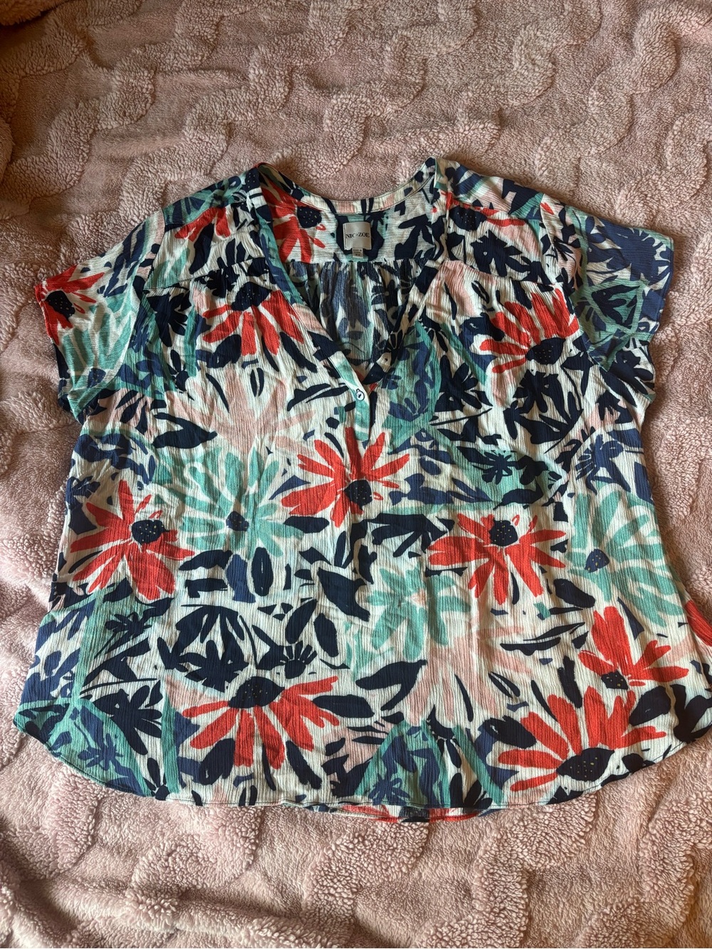 Nice + Zoe Floral V-Neck Short Sleeve Top - Multicolor